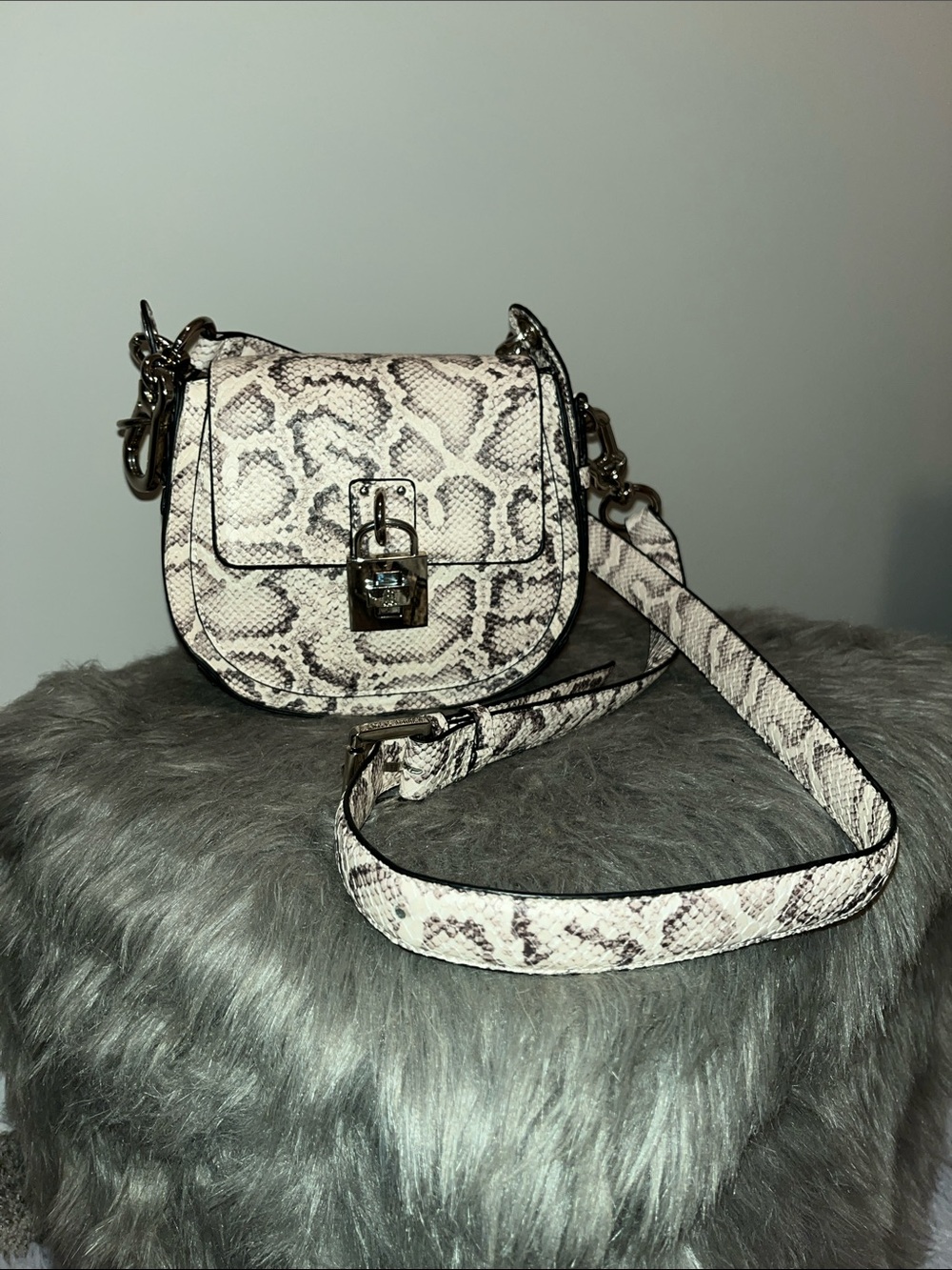 Steve Madden Snake-Embossed Crossbody in Cream and Black
